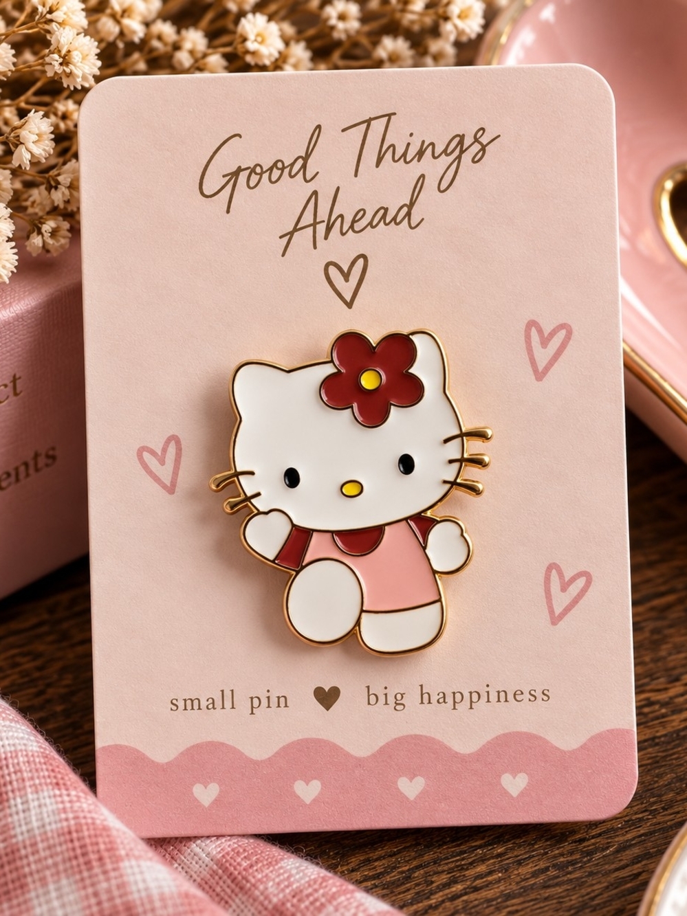 Cute Flower Hello Kitty Enamel Pin – Gold Tone New